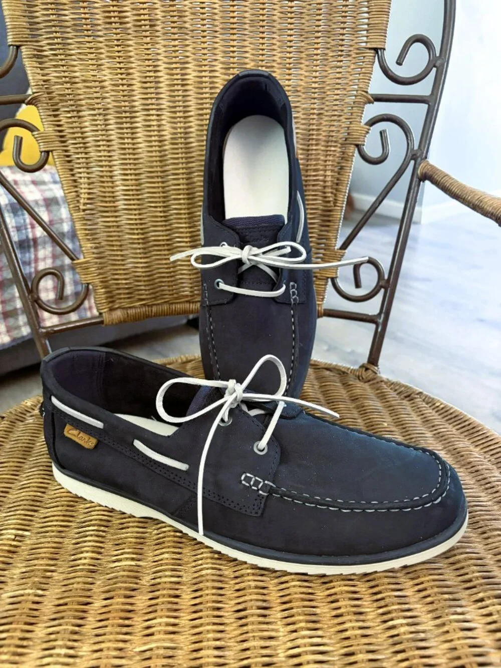 Men's Clarks Boat Shoes 13 M Navy Blue Leather, Lace Up, Metal Eyelets